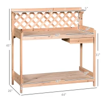 Outsunny Outdoor Garden Potting Bench, Wooden Workstation Table w/ Drawer, Hooks, Open Shelf, Lower Storage and Lattice Back for Patio, Backyard and Porch(m-3)