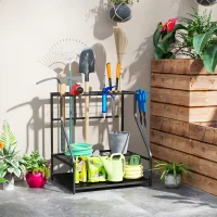 Outsunny 3-Tier Yard Tool Storage Rack, Garden Tool Organizer with Hooks for Long-Handled, Broom, Shovel, Blue(m-2)