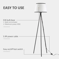 HOMCOM Modern Tripod Floor Lamp, Freestanding Lamp w/ Fabric Lampshade and E26 Base for Living Room, No Bulb - Black(m-6)
