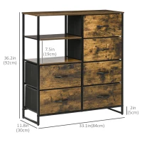 HOMCOM Living Room Storage Cabinet, Industrial Accent Cabinet with 6 Fabric Bins, 2 Open Shelves for Living Room, Rustic Brown(m-3)