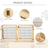 PawHut Wooden Pet Gate, Dog Safety Barrier, Freestanding Foldable Fence, w/ 6 Panels, 2 Support Feet, for House Doorway Stairs, Small & Medium Dogs, Natural Wood(m-7)