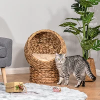 PawHut Handwoven Elevated Cat Bed with Soft Cushion & Egg Chair Shape, Basket Bed Kitty House with Stand, Raised Wicker House for Indoor Cats, 23.5" H, Light Brown(m-2)
