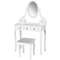 HOMCOM Wooden Vanity Table Set, Makeup Dressing Table with 360° Rotating, 5 Drawers and Padded Stool, White(m-11)