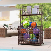 Outsunny Wicker Pool Float Storage Organizer, PE Rattan Pool Float Holder with Basket Shelf Towel Bars, Rolling Pool Caddy for Floaties, Noodles, Life Vests, Beach Balls, Mixed-Brown(m-9)