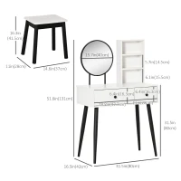 HOMCOM Vanity Table with Stool, Makeup Vanity with Wood Dressing Table with Storage Drawers and Shelf for Bedroom, White and Black(m-3)