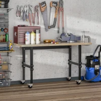 HOMCOM 59" Work Bench with Height Adjustable Legs, Bamboo Tabletop Workstation Tool Table on Wheels for Garage, Weight Capacity 1320 Lbs, Black/Natural(m-2)