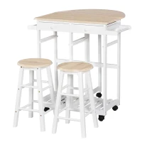HOMCOM Kitchen Trolley 3 Piece Kitchen Cart Set Drop Leaf Breakfast Table and 2 Stools w/ Rolling Wheels & Towel Bars, Wood & White(m-2)