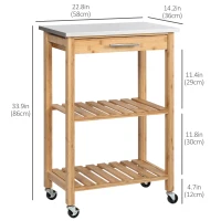 HOMCOM Bamboo Kitchen Cart, Kitchen Island with Stainless Steel Top, Drawer and Slatted Shelves for Dining Room, Natural(m-3)