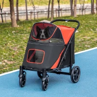 PawHut Dog Stroller for Large Medium Small Dogs up to 66 Lbs. 23.5" in Body Length, One-Click Foldable Pet Cat Stroller with Storage, Shock Absorption Wheels, Mesh Window, Safety Leash, Red(m-10)
