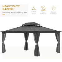 Outsunny 12' x 16' Hardtop Gazebo with Curtains and Netting, Permanent Pavilion Metal Double Roof Gazebo Canopy with Aluminum Frame and Hooks, for Garden, Patio, Backyard, Gray(m-4)
