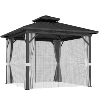 Outsunny 10' x 10' Hardtop Gazebo, Sun Shelter with Double Tier Metal Roof, Mosquito Netting, and Hanging Hook, Light Grey(m-11)