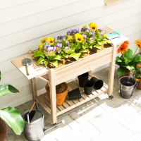Outsunny Raised Garden Bed, Wood Planter Box with Lockable Wheels, Side Tables, Bottom Shelf, Bed Liner, Drain Holes, Natural(m-10)