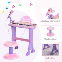 Qaba 32-Key Princess Electronic Toy Piano for Kids, Educational Keyboard Piano with Stool, MP3, Record, Flashing Lights, Microphone for 3-6 Years, Pink(m-6)