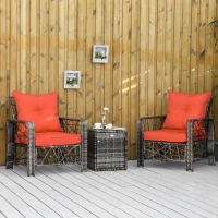 Outsunny 3 Pieces Wicker Patio Furniture Set, Rattan Bistro Set with Storage Coffee Table and Thickened Cushions, Outdoor Conversation Set for Garden, Porch, Balcony, Red(m-8)