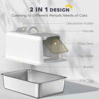 PawHut 2 in 1 Stainless Steel Cat Litter Box with Removable Lid, Scoop, Filter Bags, for Small to Large Cats, White(m-6)