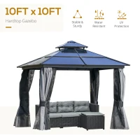 Outsunny 10'x10' Hardtop Patio Gazebo Aluminum Gazebo Deck Canopy with Double Tier Roof, Curtains, Netting Sidewalls, Black & Grey(m-4)