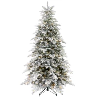 HOMCOM 7ft Artificial Prelit Christmas Tree with Warm White LED Light and Snow Flocked Branches, Metal Base(m-1)