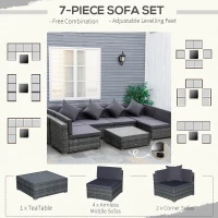 Outsunny 7-Piece Patio Furniture Sets PE Rattan Sectional Sofa Set Outdoor Conversation Set w/Acacia Top Coffee Table & Cushion for Garden, Backyard, Grey(m-6)