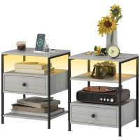 HOMCOM Set of 2 Side Tables with Charging Stations and LED Lights, End Tables with Drawer and Shelves for Living Room, Gray(m-1)