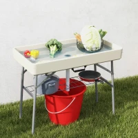 Outsunny 3.4ft Folding Ice Cooler Table with Drain, Fill and Chill Table Outdoor Table Cooler with Storage Shelf, Drink Cooler for Parties Picnic BBQ Camping Wedding, Tan(m-8)