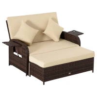 Outsunny Patio Rattan Daybed with Cushions, Wicker Outdoor Bed Lounger w/ Loveseat, Storage Ottoman, Coffee & Side Tables, for Poolside, Porch, Backyard, Beige(m-1)