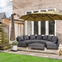 Outsunny 5PC Patio Furniture Set Outdoor Garden Rattan Wicker Sofa Cushioned Half-Moon Seat Deck with Pillow, Table, Grey(m-1)
