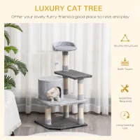 PawHut 39" Cat Scratching Tree, Kitten Condo Playhouse, Kitty Activity Center, Rest Post Top Perch with Hanging Toy - Grey(m-4)