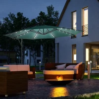 Outsunny 10ft Outdoor Cantilever Umbrella Patio Solor Banana Umbrella with Lights Adjustable Angle for Patio Backyard Dark Green(m-8)