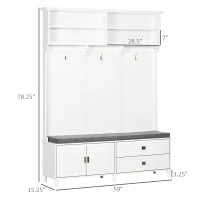 HOMCOM Hall Tree with Storage Bench, Entryway Bench with Coat Rack, Accent Coat Tree with Storage Shelves, Cabinet and Drawers for Hallway, Mudroom, White(m-3)
