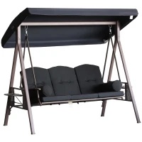 Outsunny 3-Seat Patio Swing Chair, Outdoor Porch Swing Glider with Adjustable Canopy, Removable Cushion, Pillows and Side Trays, for Garden, Poolside, Backyard, Black(m-1)