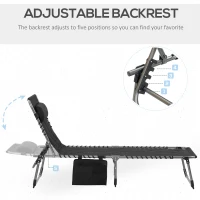 Outsunny Folding Chaise Lounge Chair, Outdoor Padded Reclining Chair with 5-position Adjustable Backrest, Pillow and Pocket for Patio, Deck, Beach, Lawn and Sunbathing, Black(m-4)