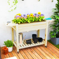 Outsunny Raised Garden Bed, Wood Planter Box with Lockable Wheels, Side Tables, Bottom Shelf, Bed Liner, Drain Holes, Natural(m-8)