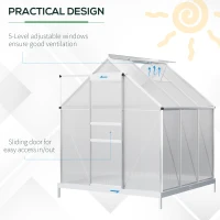 Outsunny 6' x 6' x 6.5' Polycarbonate Greenhouse with Aluminum Frame, Walk-in Heavy Duty Green House with Adjustable Roof Vent, Rain Gutter and Sliding Door for Winter, Silver(m-5)