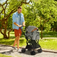 PawHut 2 in1 Foldable Pet Stroller and Detachable Travel Carriage with Lockable Wheels, Adjustable Handlebar Canopy and Zippered Mesh Window Grey(m-2)