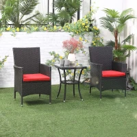Outsunny 3 Pieces Wicker Patio Furniture Set, Rattan Bistro Set with Glass Top Coffee Table and Cushions, Outdoor Conversation Set for Garden, Porch, Balcony, Red(m-1)