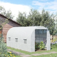 Outsunny 15' x 7' x 7' Walk-In Tunnel Greenhouse, Large Garden Hot House Kit with 6 Roll-up Windows & Roll Up Door, Steel Frame, White(m-8)