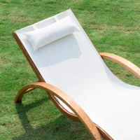 Outsunny Outdoor Wood Sling Chaise Lounge Reclining Garden Mesh Lounger Patio Chair with Headrest Cream(m-10)
