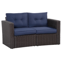 Outsunny 2 Piece Patio Wicker Corner Sofa Set, Outdoor PE Rattan Furniture, with Curved Armrests and Padded Cushions for Balcony, Garden, or Lawn, Dark Blue
