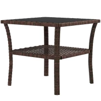Outsunny Outdoor Wicker Coffee Table, Rattan Patio Furniture with 2-Tier Storage Shelf , Steel Frame Square, Side Table with Tempered Glass Top, Brown(m-1)