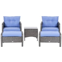 Outsunny 5pcs Patio Rattan Coffee Set Garden Wicker Bistro Set with Ottoman Yard Sofa Conversation Set Armchairs Tea Table & Footstool w/ Cushions All Weather Deck Furniture, Blue(m-2)