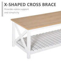HOMCOM Farmhouse Style Coffee Table with X Bar Frame, Open Slat Wooden Bottom Shelf, Natural/White(m-6)