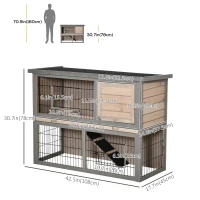 PawHut 2-tier Wooden Rabbit Hutch Backyard Bunny Cage Habitat Small Animal House w/ Ramp, Slide Out Tray and Outdoor Run, Grey(m-3)