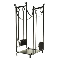 Outsunny Firewood Rack with Fireplace Tools, Outdoor Firewood Holder, 30.25" Tall Build with 2-Tiers for Fireplace, Wood Stove, Hearth or Fire Pit, Poker, Tongs, Broom, Shovel, Black(m-11)