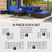 Outsunny 9 Pieces Wicker Patio Furniture Set with Cushion, Navy Blue(m-6)