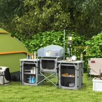 Outsunny Aluminum Camping Kitchen, Portable Folding Camping Table with Fabric Cupboards, Windshield, Bag for BBQ, Picnic, Gray(m-10)