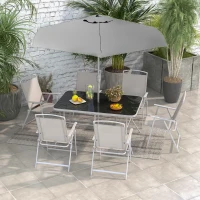Outsunny 8 Piece Outdoor Dining Set, Patio Furniture Set with Umbrella, 6 Folding Chairs, Rectangle Table and Mesh Seat, Gray(m-10)