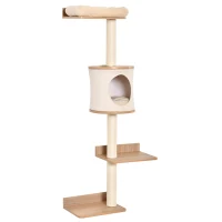 PawHut 4-Level Wall-Mounted Cat Tree Activity Tower, Wall Cat Shelves with Sisal Rope Scratching Posts, Cat Condo and Bed, Light Brown(m-11)