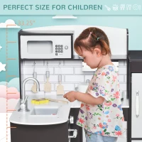 Qaba Corner Kids Kitchen Playset, Wooden Pretend Toy Kitchen Set with Drinking Fountain, Microwave, Fridge and Accessories, Pretend Play Kitchen for 3+ Years, Black(m-7)