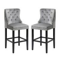 HOMCOM Upholstered Fabric Bar Stool Set of 2, Button Tufted 29.5" Seat Height Pub Chairs with Back & Wood Legs, Grey(m-11)