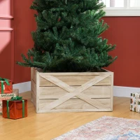 HOMCOM 28" Farmhouse Christmas Tree Base Cover Wooden Christmas Tree Collar Box Home Decoration, Light Distressed Wood Finish(m-8)
